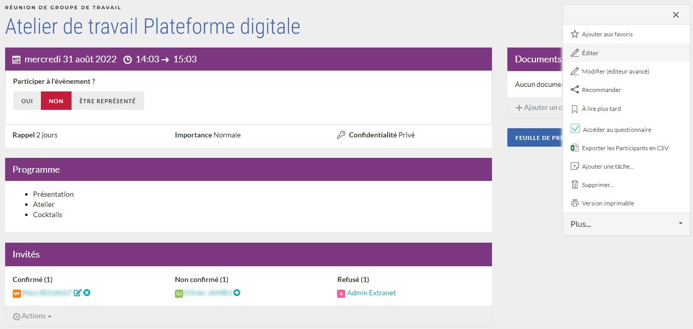 evenement avancé gestion invités et menu